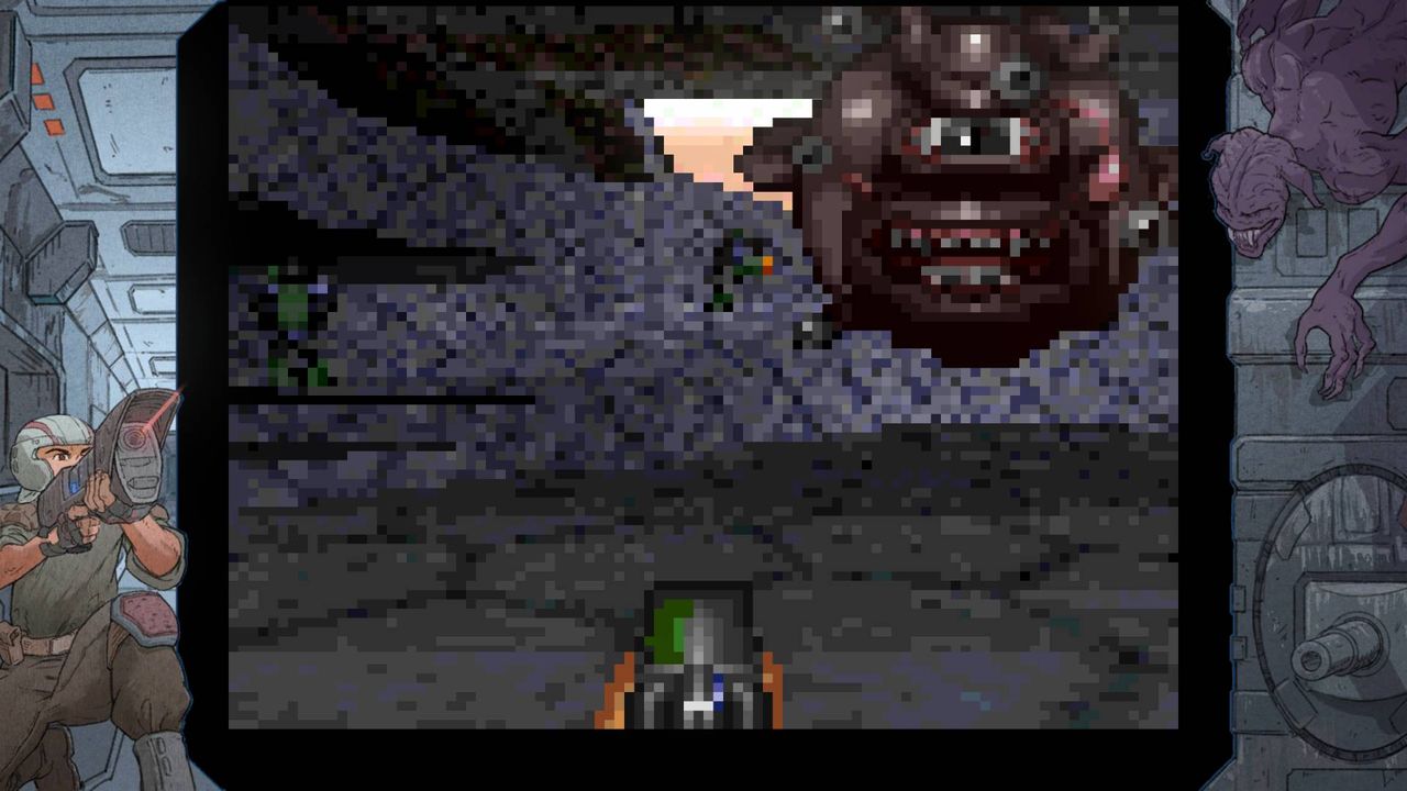 Alien Breed gameplay screenshot with 3D player facing enemy.