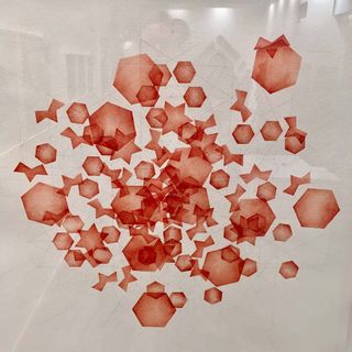 Art piece, multiple different types of red shapes on a transparent background