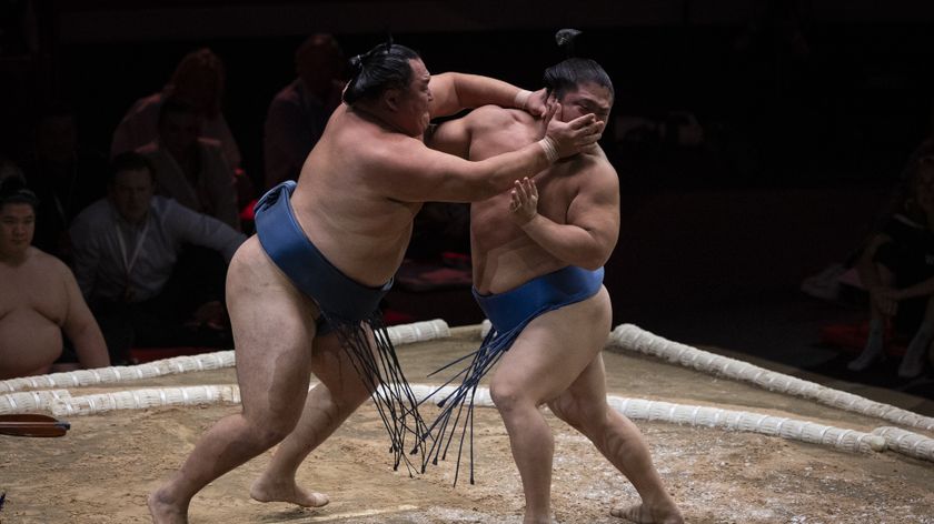 Wakatakakage competes against Tamawashi during day one of The Grand Sumo Tournament at Royal Albert Hall on October 15, 2025 in London, England. This is the first time since the 1991 event at the Royal Albert Hall that an official Five Day Basho tournament will take place outside of Japan. The tournament will host the most accomplished and elite sumos, including those who have reached the top rank of Yokozuna, and showcase Japan&#039;s rich cultural history and traditions.
