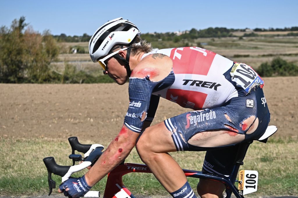 Toms Skujins (Trek Segafredo) came down hard in a crash on stage 10