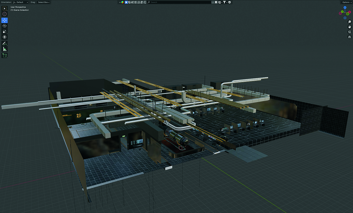 A wireframe of a building interior