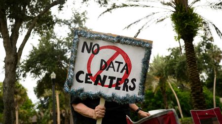 A person holding up a sign reading 'No data centers' in front of trees