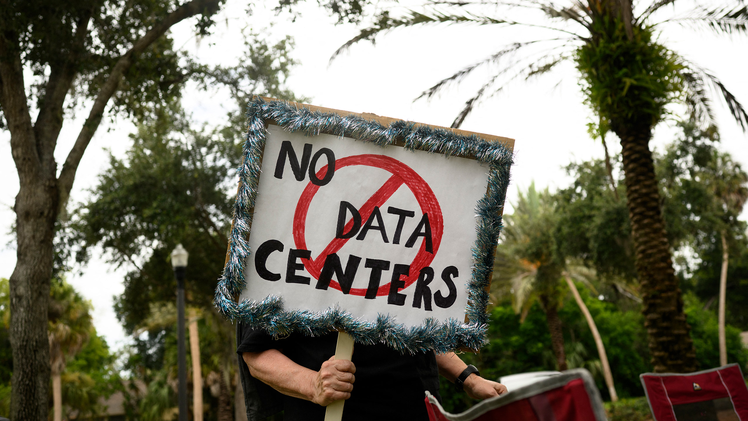 A person holding up a sign reading 'No data centers' in front of trees