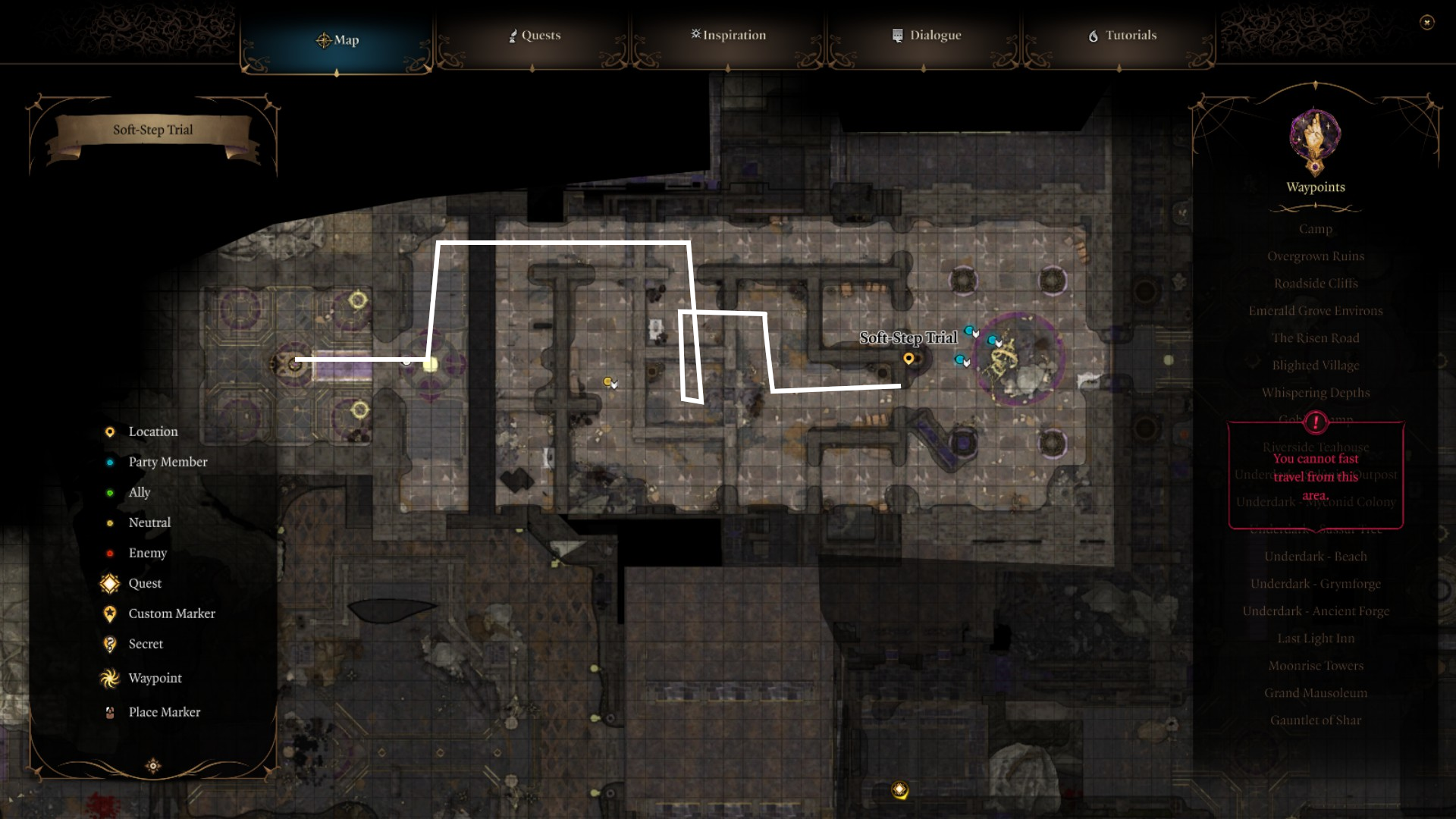 An image showing the path taken through the Soft-Step trial in Baldur's Gate 3.
