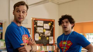 Gabriel (played by Sion Daniel Young) and Andy (Fra Fee) in matching his-and-his Superman t-shirts