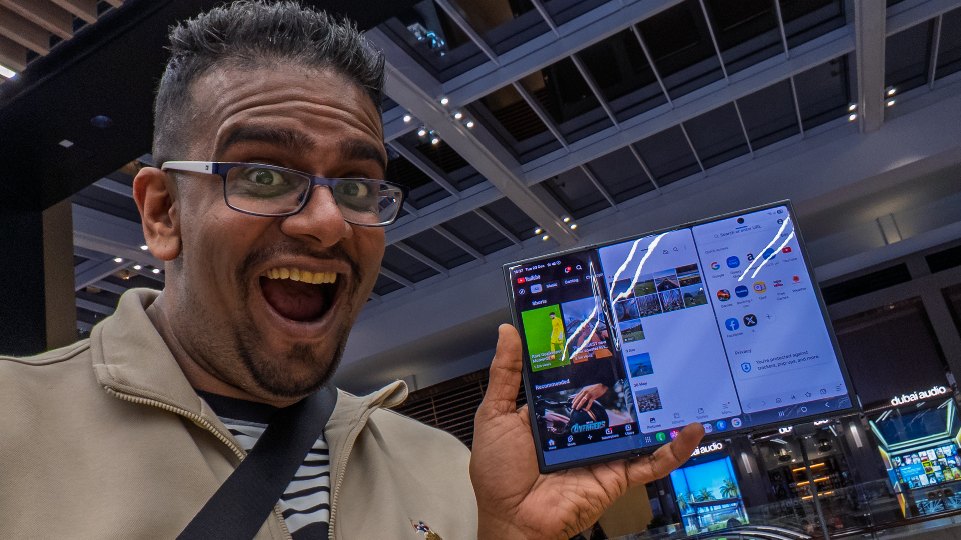 Samsung Galaxy Z TriFold on display at a Samsung store in Dubai Hills Mall, Dubai, UAE.