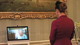 queen elizabeth ii l appears on a screen by videolink from windsor castle, during a virtual audience to receive her excellency sophie katsarava r, the ambassador of georgia, who was at londons buckingham palace on december 4, 2020 today, britains queen elizabeth ii conducted the first virtual audiences from buckingham palace, via video link from windsor castle photo by yui mok pool afp photo by yui mokpoolafp via getty images