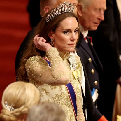 WINDSOR, ENGLAND - SEPTEMBER 17: Britain's King Charles, U.S. President Donald Trump and Britain's Catherine, Princess of Wales take their seats during a State Banquet at Windsor Castle for the State visit by the President of the United States of America on September 17, 2025 in Windsor, England. President Trump is in England from Sept. 16-18 on his second UK state visit, with the previous one taking place in 2019 during his first presidential term. (Photo by Phil Noble - WPA Pool/Getty Images)