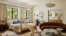 Interior shots depicting an apartment decorated with sculptural furnishings in earthy tones, framed artworks, marble and wood countertops, all bathing in natural light.