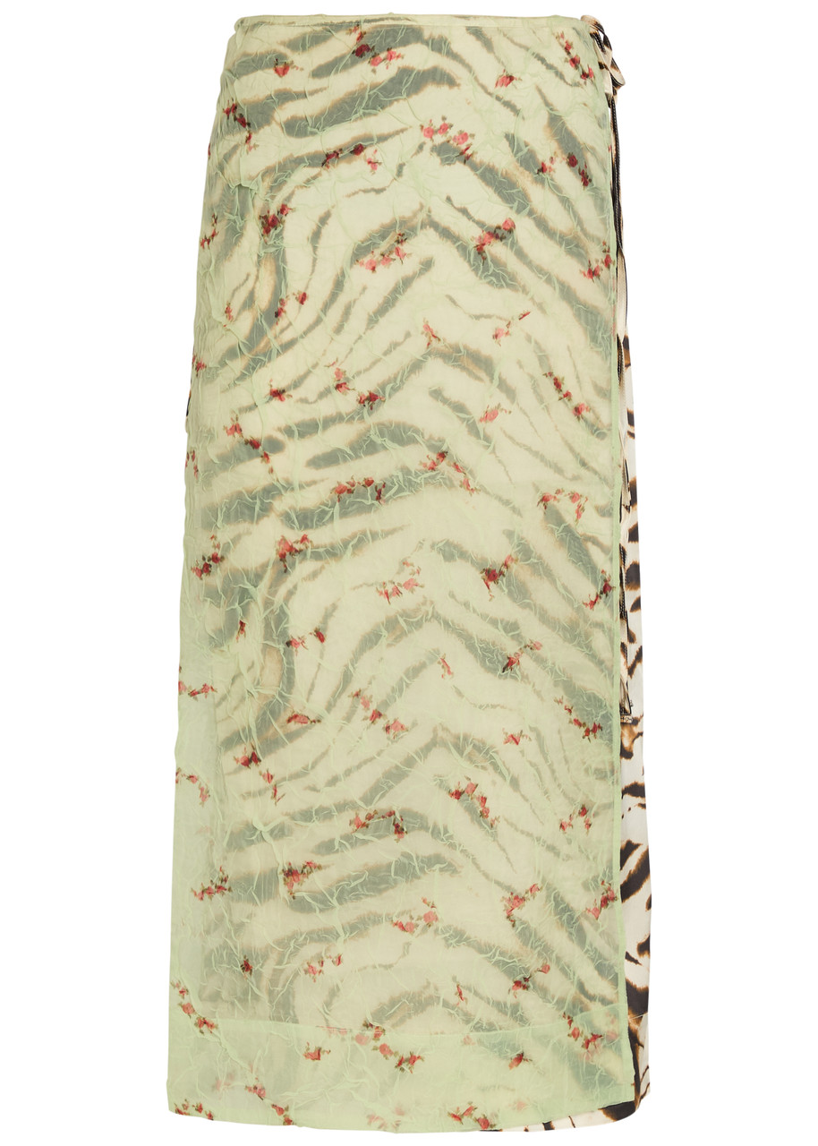 Zebra-Print Layered Satin Maxi Wrap Skirt