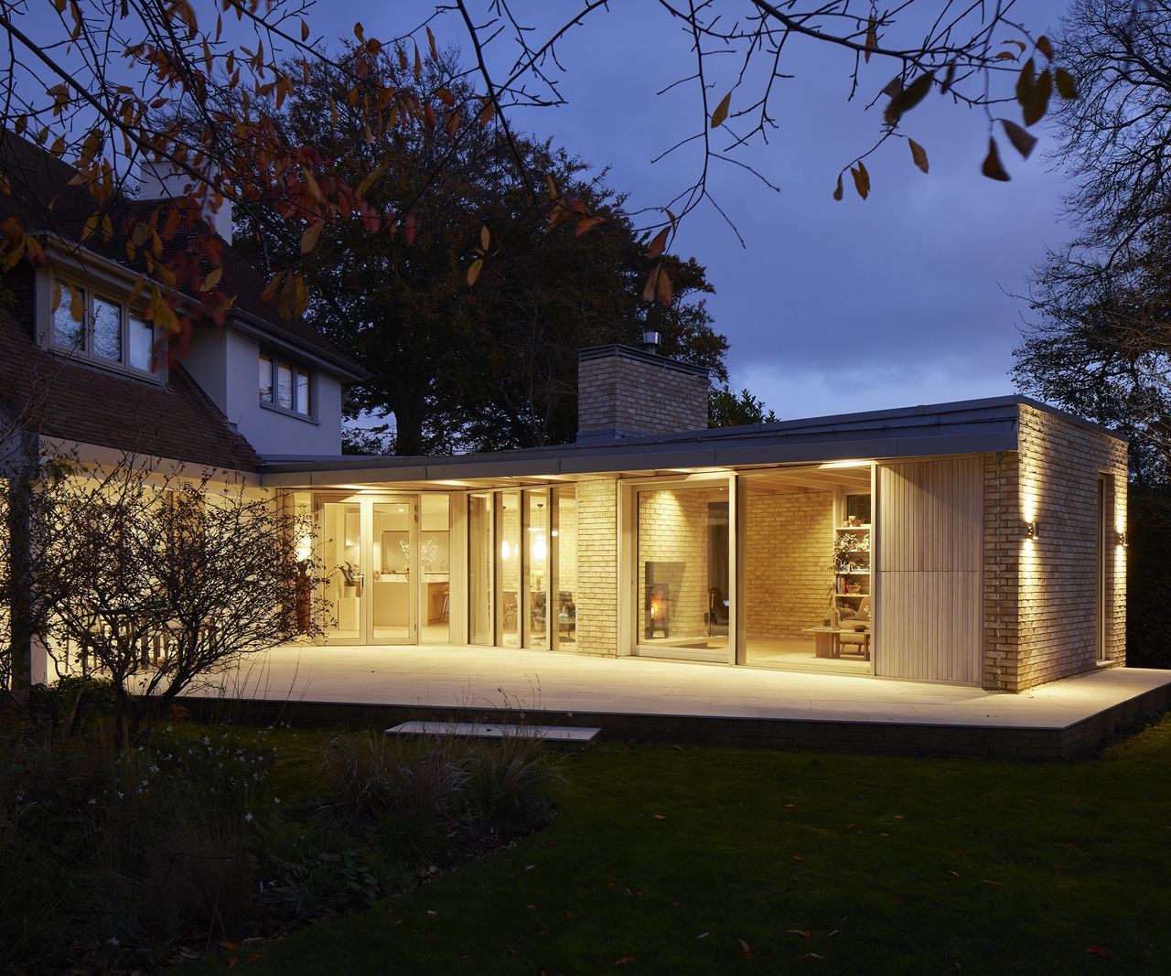 A contemporary extension built at a diagonal slant to the original house