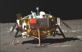 The Chinese flag is clearly visible on the moon in this photo taken of China's Chang'e 3 moon lander by the country's Yutu lunar rover (the country's first moon rover) in December 2013. China has said a manned mission to the moon is one of its major human spaceflight goals.