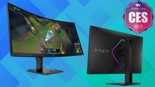 The HP OMEN 34c G2 and HP OMEN 27qs G2 gaming monitors on a blue background with the Windows Central @ CES 2025 badge in the corner.