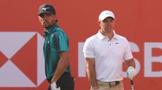 Marco Penge and Rory McIlroy on the tee box at the Abu Dhabi HSBC Championship