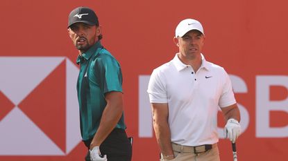 Marco Penge and Rory McIlroy on the tee box at the Abu Dhabi HSBC Championship