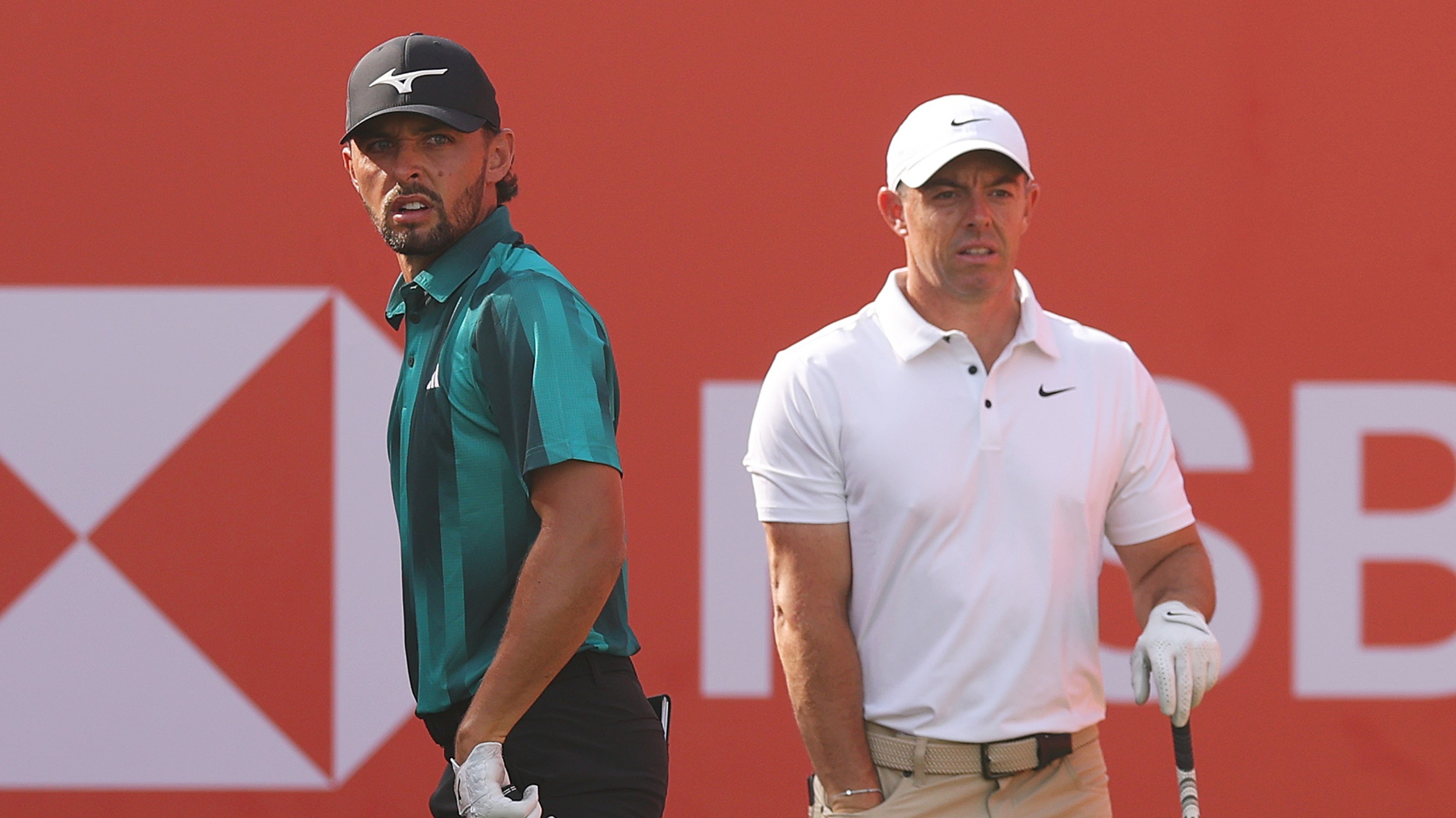 Marco Penge and Rory McIlroy on the tee box at the Abu Dhabi HSBC Championship
