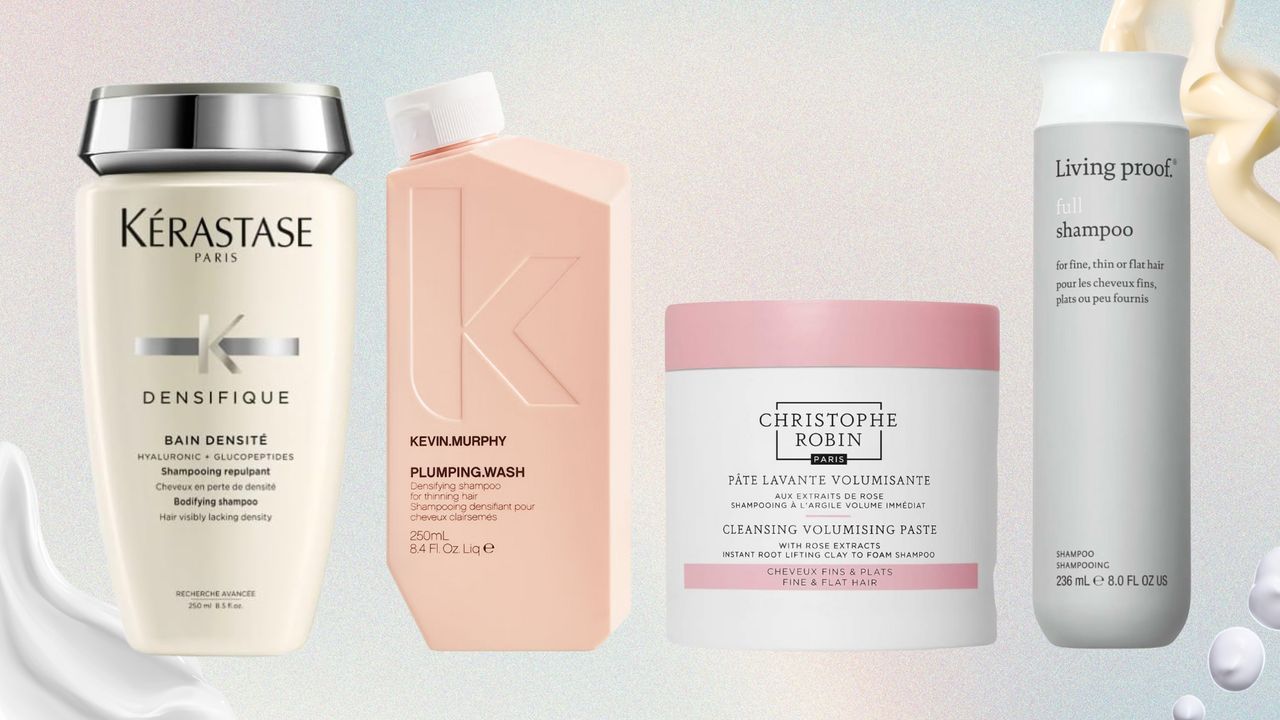 Collage of the best shampoos for fine and thinning hair (L-R) from Kerastase, Kevin Murphy, Christophe Robin and Living Proof, on a pastel watercolour background with cream swatches