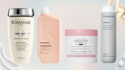 Collage of the best shampoos for fine and thinning hair (L-R) from Kerastase, Kevin Murphy, Christophe Robin and Living Proof, on a pastel watercolour background with cream swatches