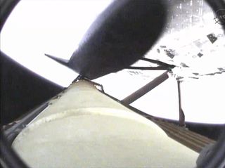 Endeavour's onboard camera shows the external fuel tank still attached following launch on May 16, 2011.