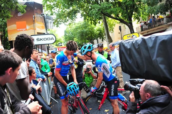 Jack Bauer is consoled by his Garmin-Sharp teammate Tom-Jelte Slagter