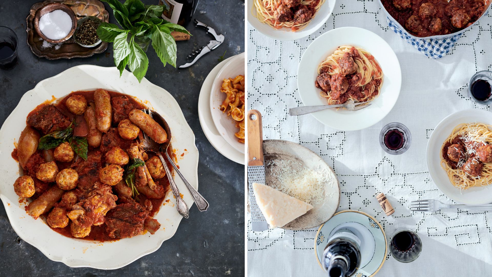 A plate of meatballs in tomato sauce and a table set with plates of food, parmesan cheese and red wine