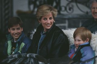 Princess Diana with Prince William and Prince Harry during a skiing holiday in Lech, Austria