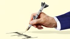 Illustration of Donald trump writing his signature with a fountain pen-tipped nuclear missile