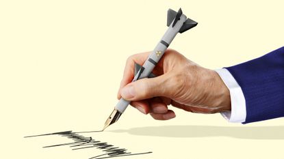 Illustration of Donald trump writing his signature with a fountain pen-tipped nuclear missile