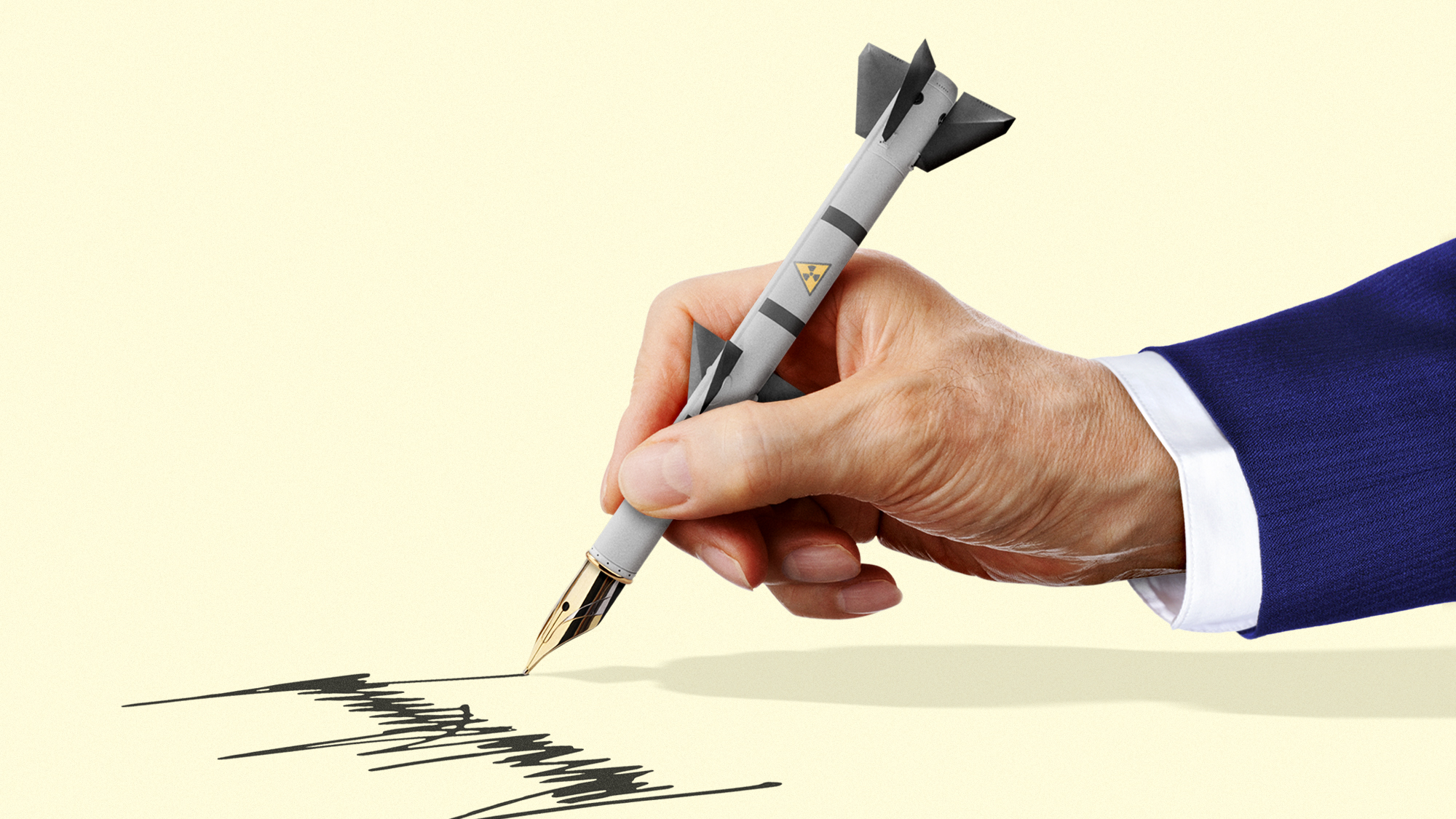 Illustration of Donald trump writing his signature with a fountain pen-tipped nuclear missile