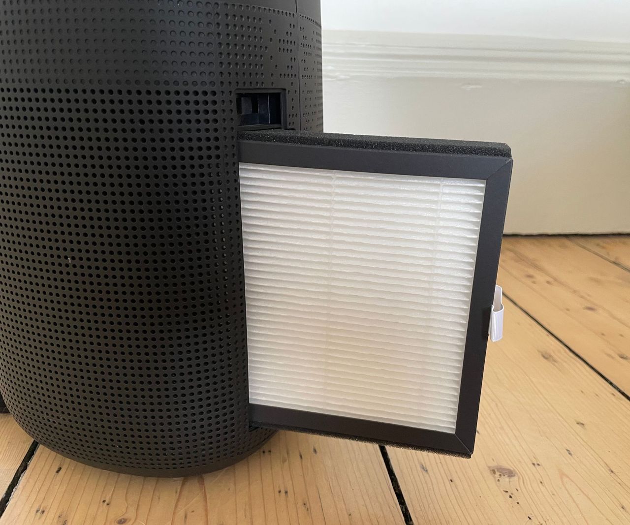 Russell Hobbs Fresh Air Pro Dehumidifier air filter sticking out the side of the model