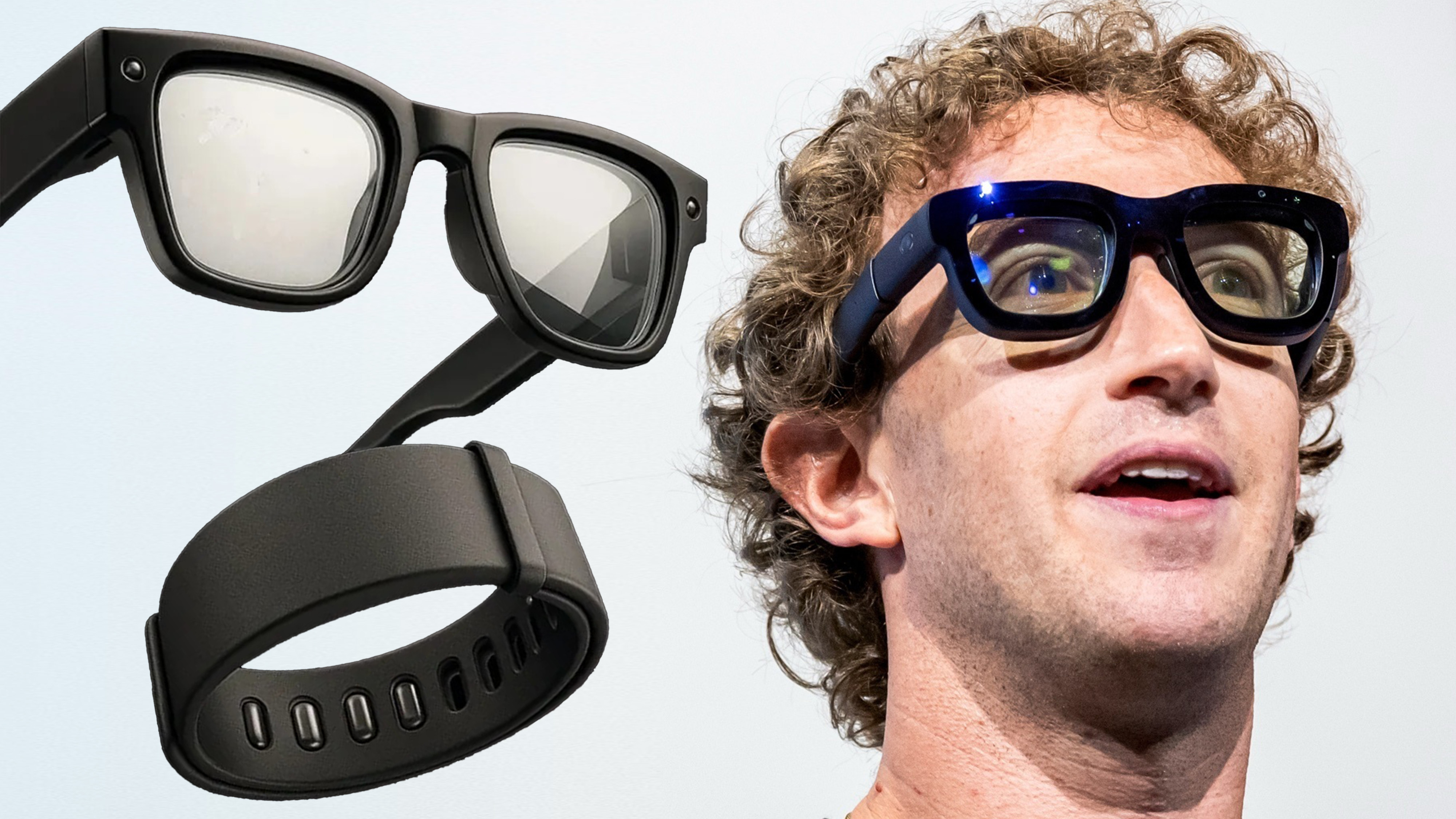 Mark Zuckerberg wearing Project Orion smart glasses with render of rumored Meta Hyerpnova smartglasses and wristband