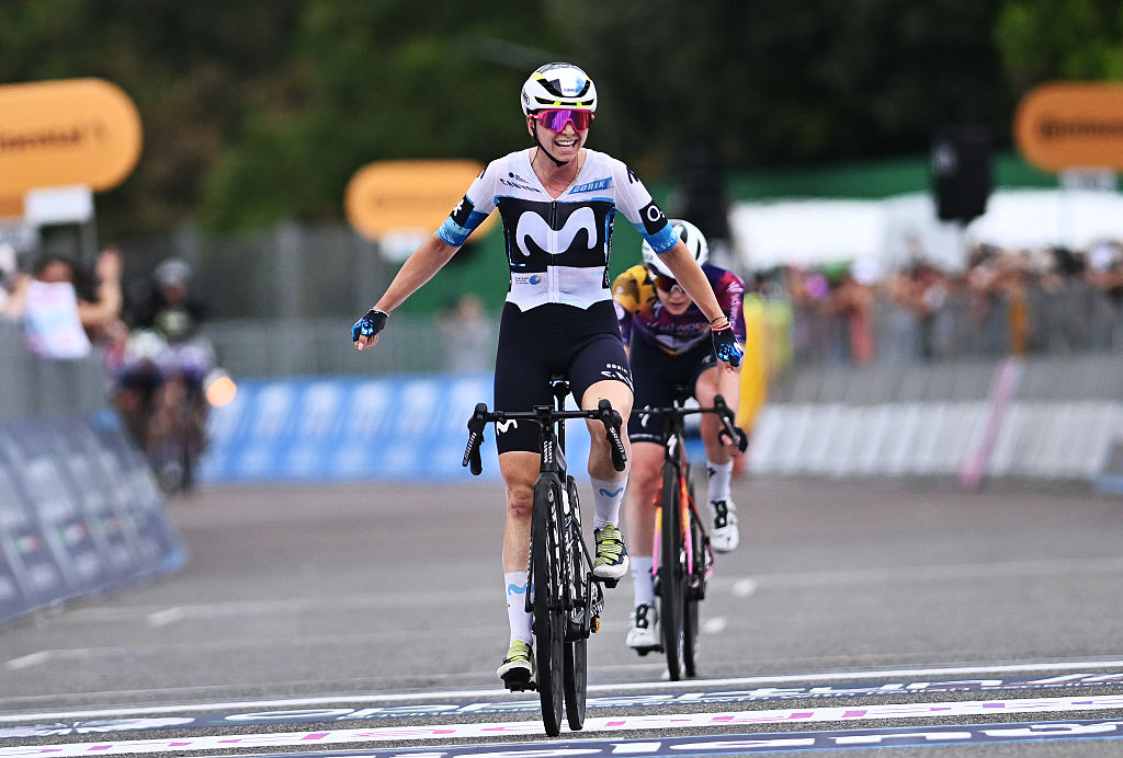 IMOLA, ITALY - JULY 13: Liane Lippert of Germany and Team Movistar celebrates at finish line as stage winner during the 36th Giro d'Italia Women 2025, Stage 8 a 134km stage from Forli to Imola / #UCIWWT / on July 13, 2025 in Imola, Italy. (Photo by Luc Claessen/Getty Images)