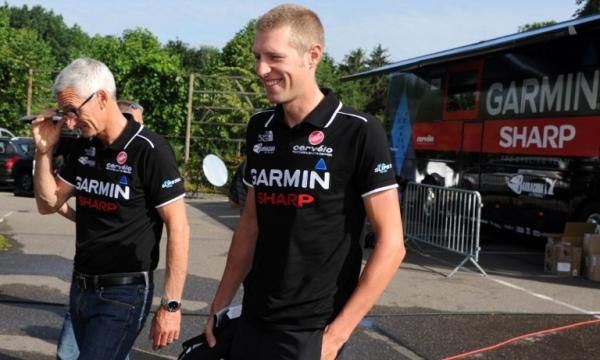 Garmin-Sharp's directeur sportif Allan Peiper and Giro d'Italia champion Ryder Hesjedal before the team's training ride in Liege.