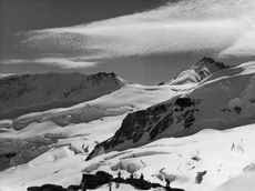 The mountain range bordering the Jungfrau Glacier in Switzerland, as viewed from the Jungfraujoch.