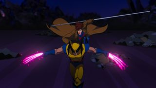 Gambit hitches a ride on a running Wolverine in Marvel's X-Men 97 TV series on Disney Plus