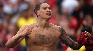 Darwin Nunez celebrates after scoring for Liverpool against Manchester City in the Community Shield.