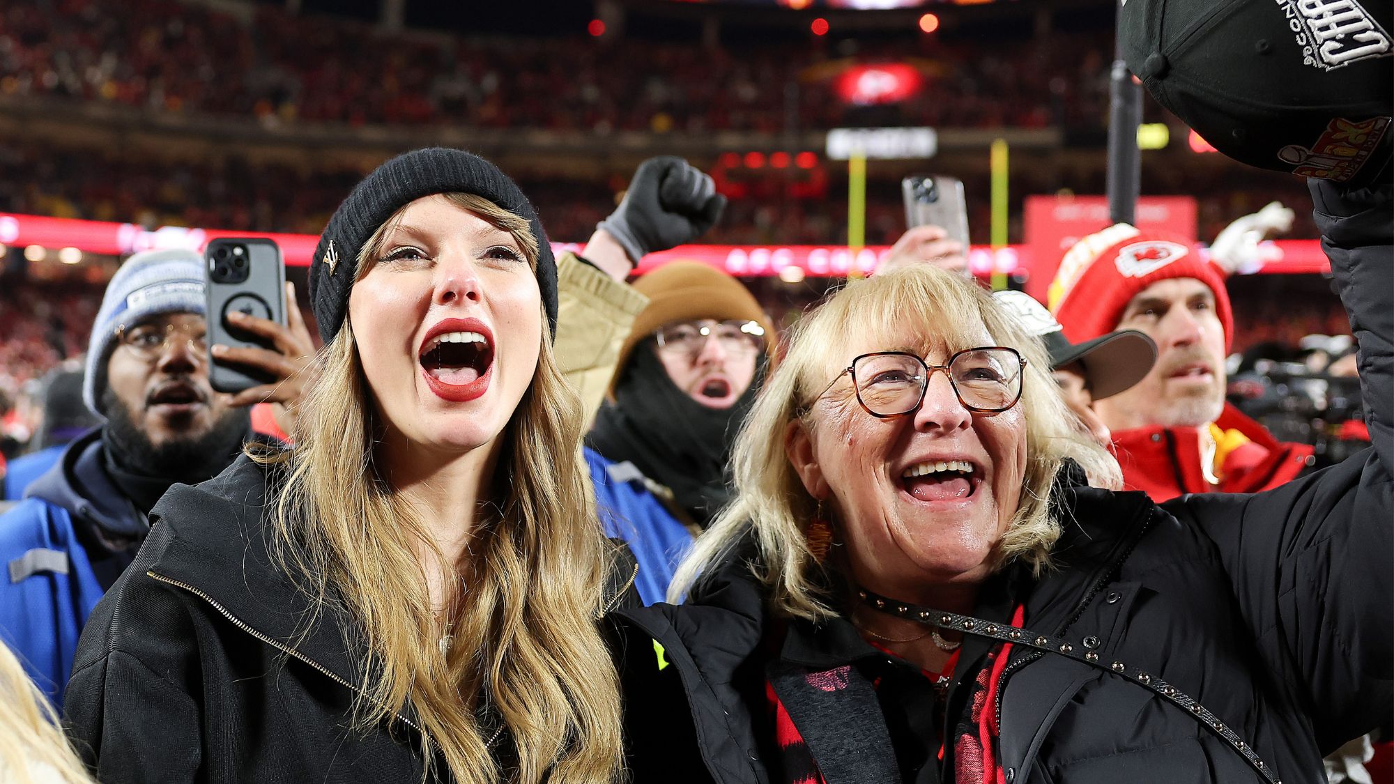 Taylor Swift and Donna Kelce attend the AFC Championship Game
