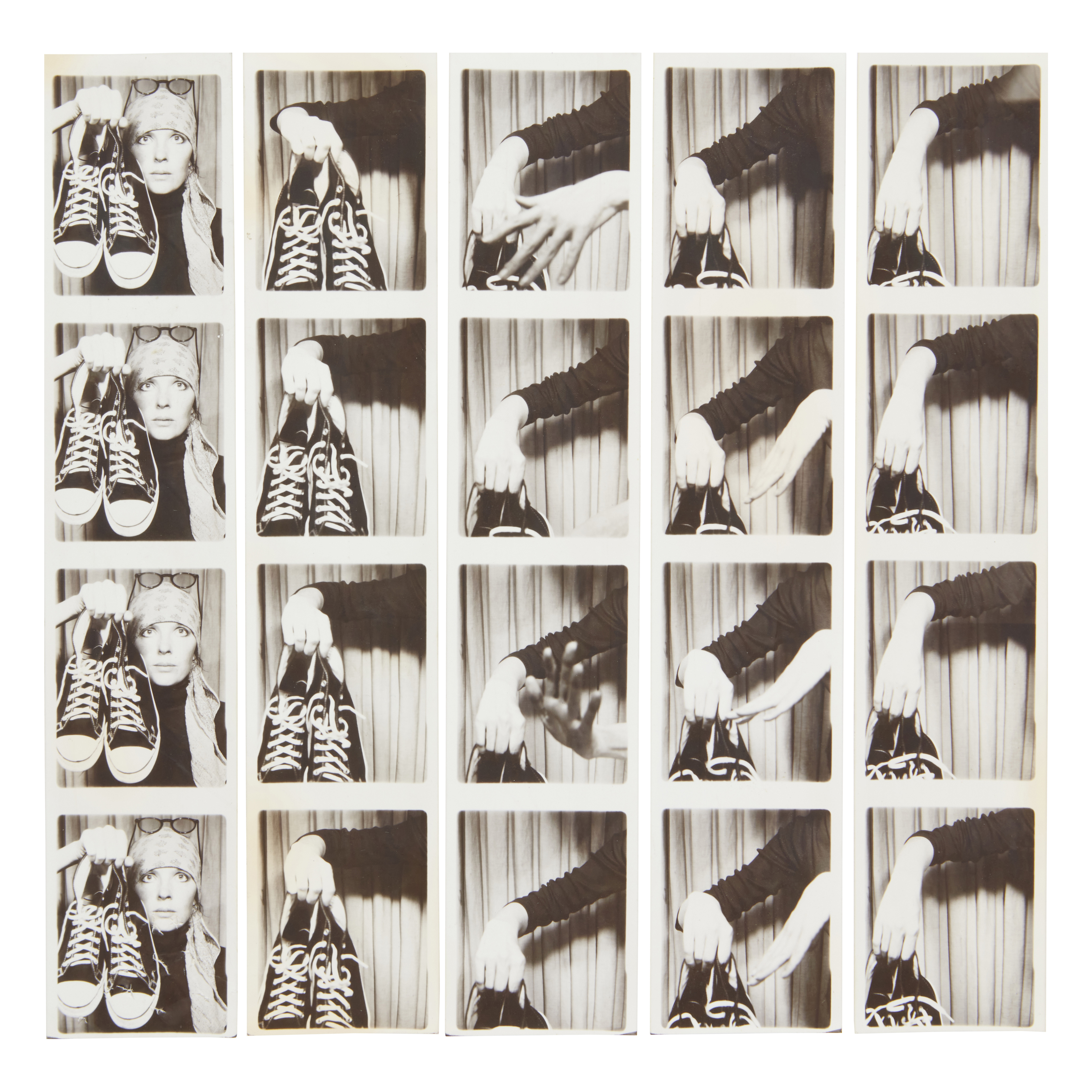 Five vertical strips of black and white photobooth photographs showing Diane Keaton posing with a pair of high-top sneakers in various positions across 20 frames.