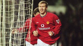 2 Jan 2002: Paul Scholes of Manchester United celebrates his second goal during the FA Barclaycard Premiership match between Manchester United and Newcastle United at Old Trafford, Manchester. United won 3-1. \ Mandatory Credit: Alex Livesey /Allsport