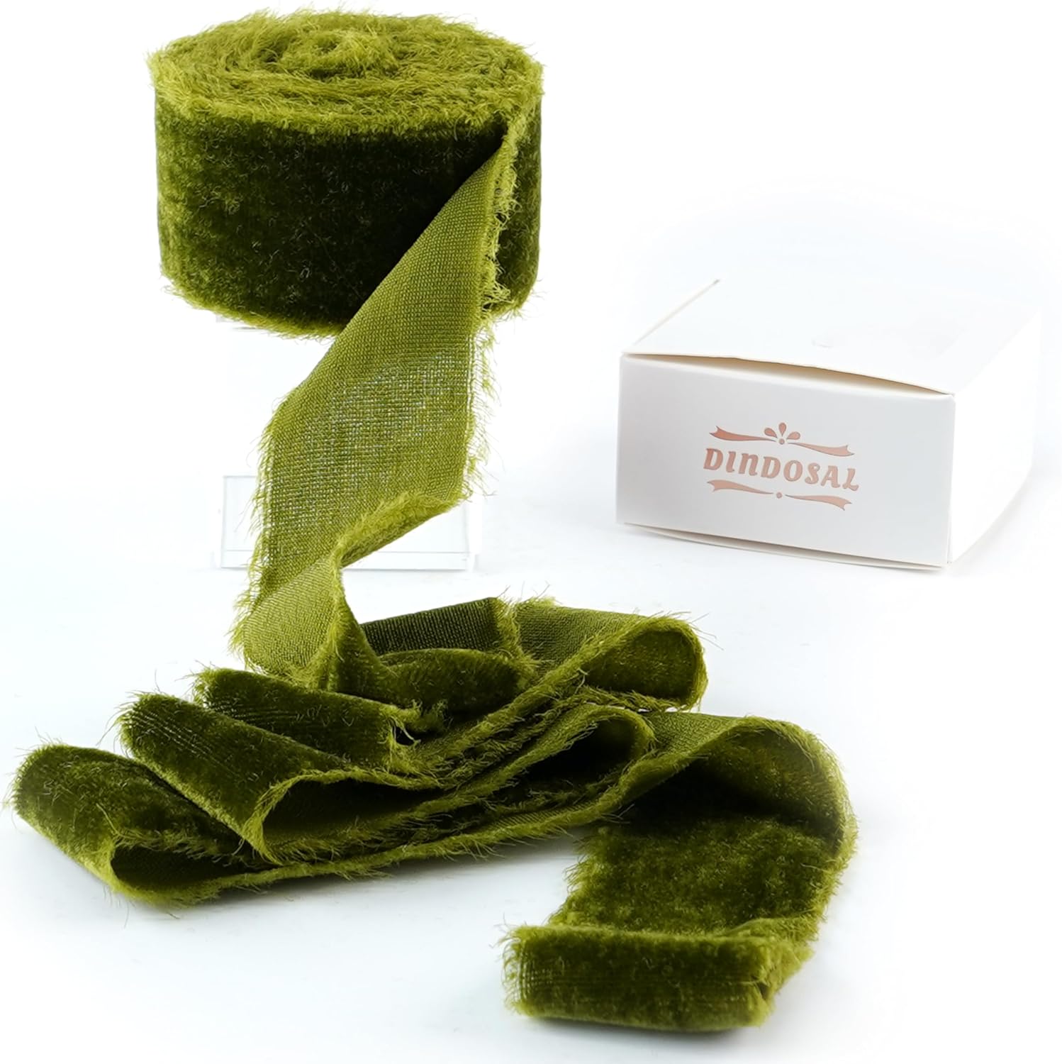 Dindosal Moss Green Silk Velvet Ribbon 1.5 Inch Rustic Style Raw Edge Olive Green Frayed Edge Fringe Gift Ribbon for Wedding Invitation Bridal Bouquet -3yards