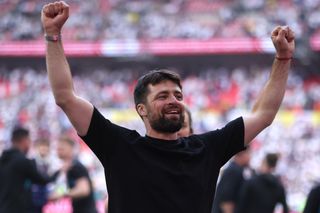 Southampton manager Russell Martin celebrates after his team's victory in the 2024 Championship play-off final against Leeds United at Wembley Stadium, London promotion to the Premier League