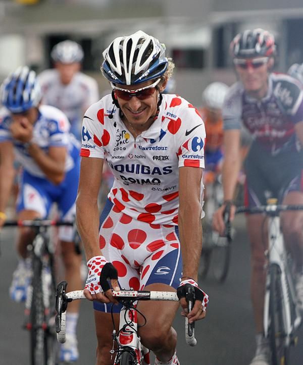 Franco Pellizotti (Liquigas) arrives at the finish in Aubenas and should retain the polka dot jersey through to Paris.
