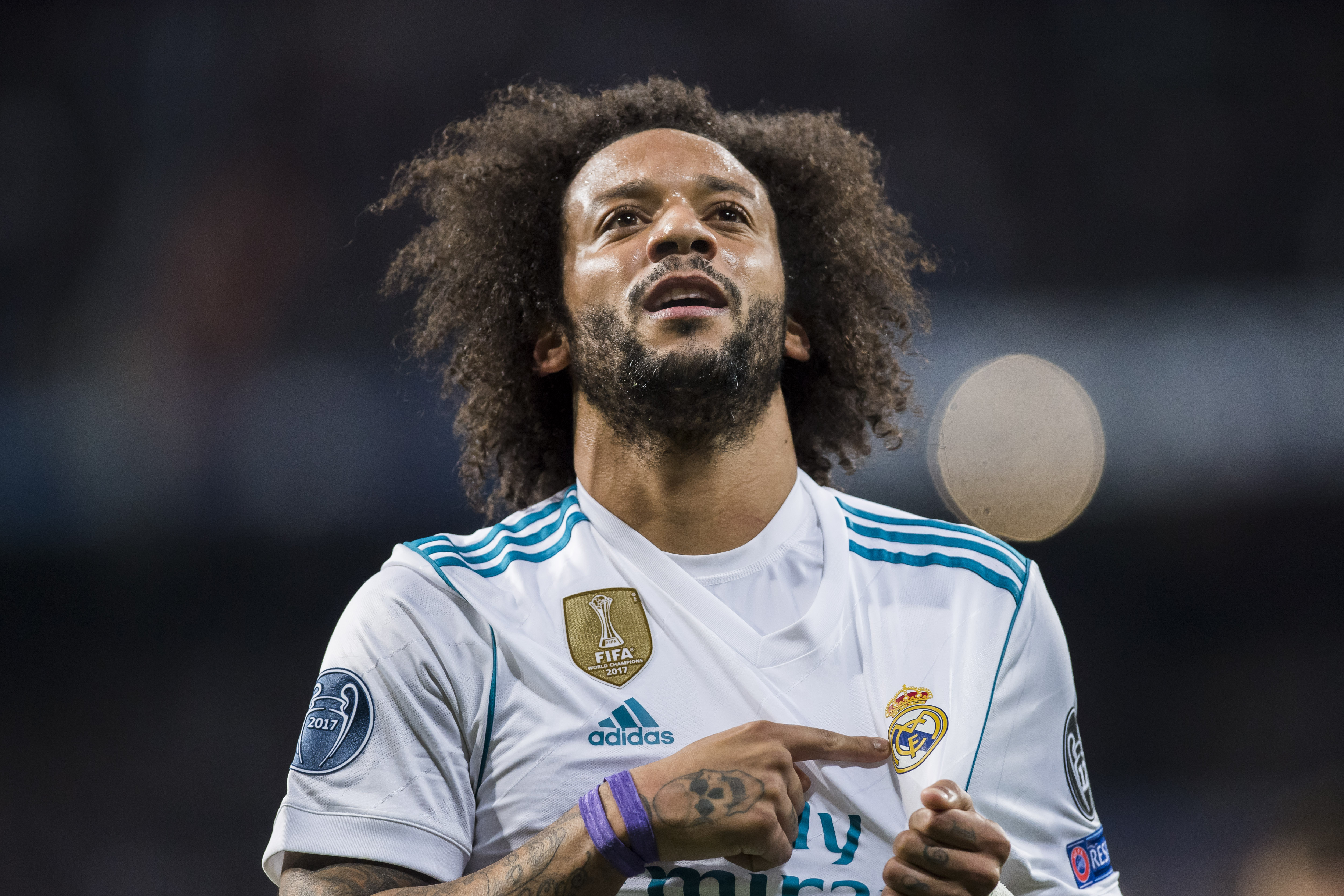 Marcelo celebrates during Real Madrid's Champions League first leg match against Paris Saint-Germain in February 2018.