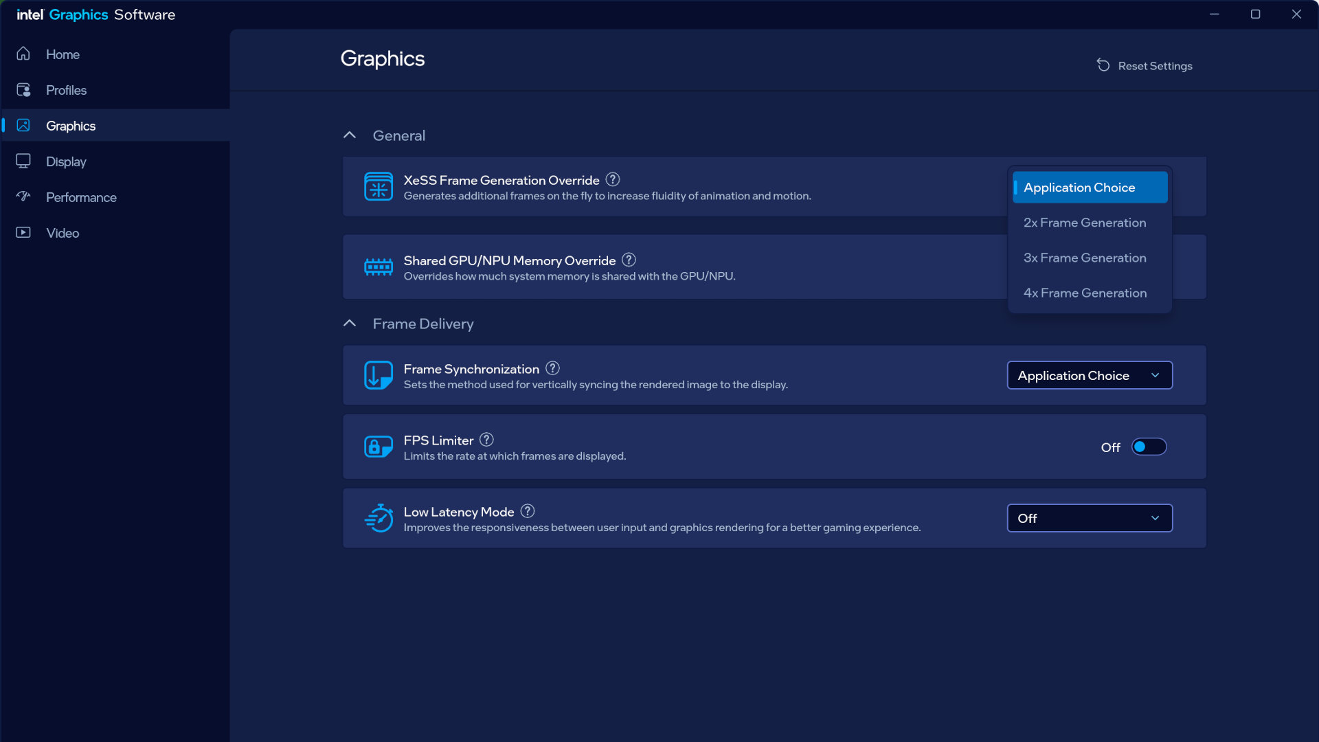 A screenshot of Intel's Graphics Software app, showing the XeSS Multi-Frame Generation override option