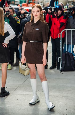 Actress Larsen Thompson is seen arriving to the Longchamp Fall/Winter 2020 Runway Show at Hudson Commons on February 08, 2020 in New York City.