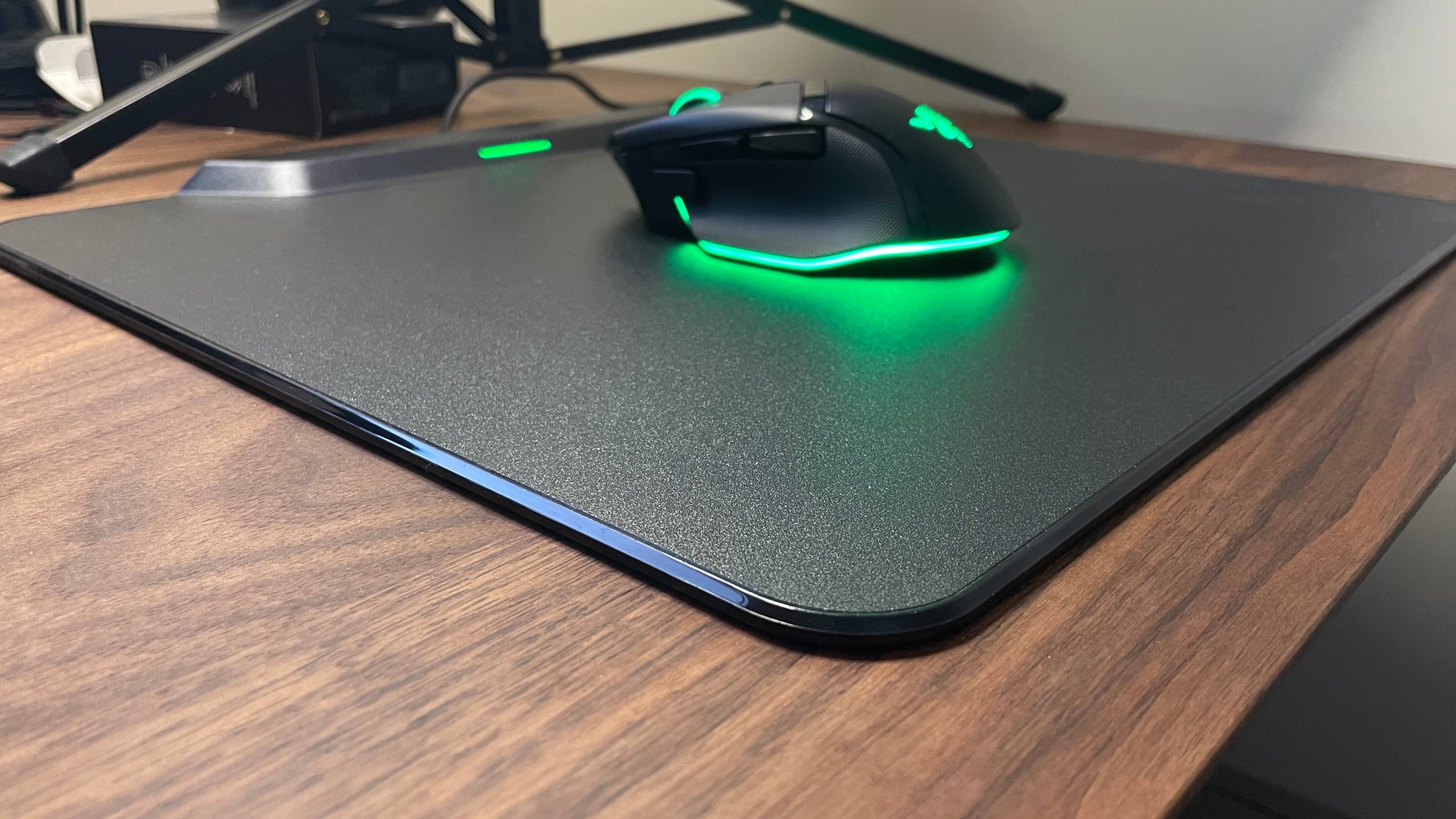 Razer HyperFlux V2 Wireless Charging System mouse pad with Basilisk V3 Pro 35K gaming mouse on top