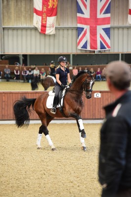 Carl's stable jockey Amy Woodhead rides grand prix stallion Pro-Set under his watchful eye