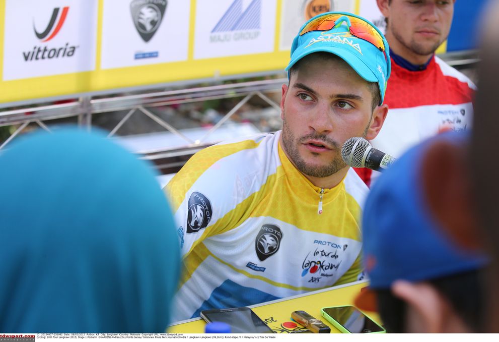 Andrea Guardini (Astana) greets the media after his stage win