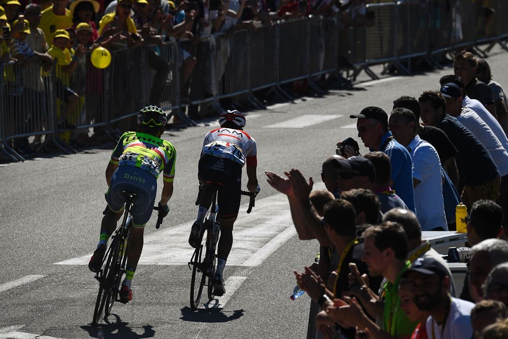 Jarlinson Pantano and Rafal Majka ride toward the finish of stage 15 at the Tour de France