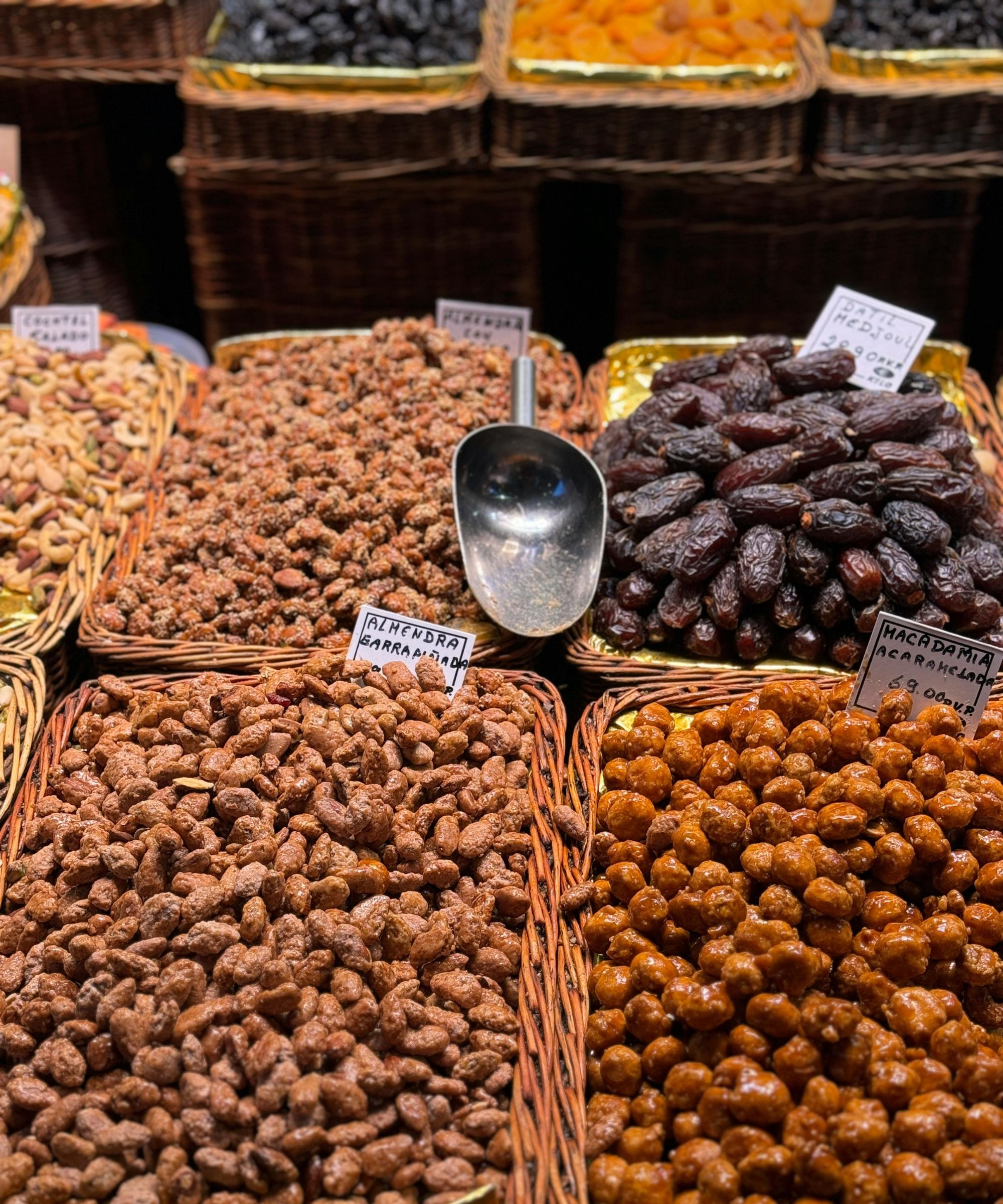 Wicker baskets of nuts at a farmers market